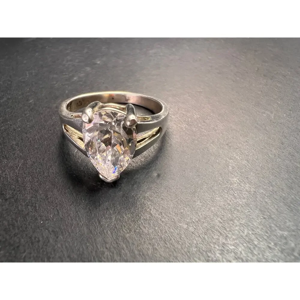 Vintage CZ Pear Solitaire in Sterling Silver, Open Gallery Split Shank, Size 9